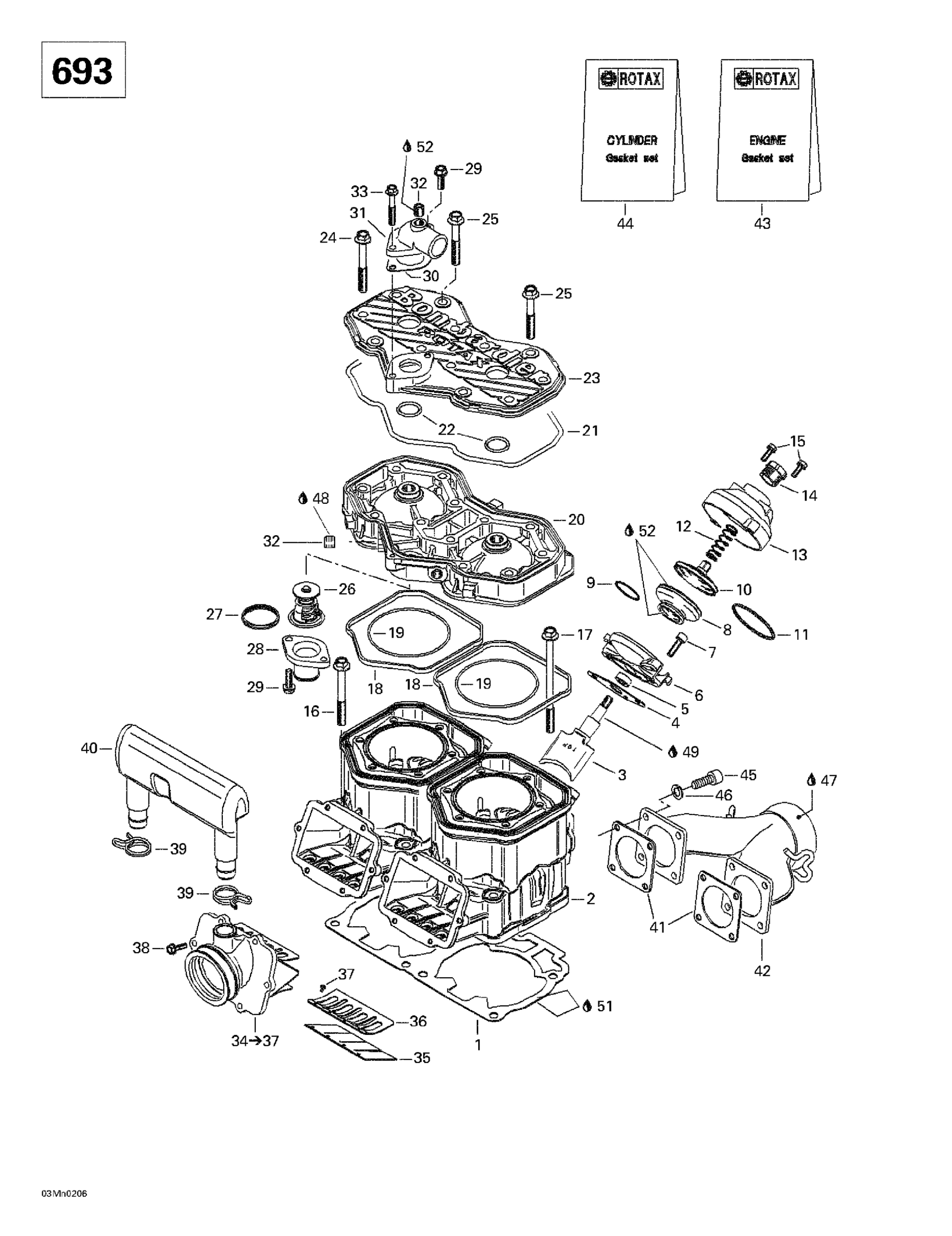 Схема узла: Cylinder, Exhaust Manifold, Reed Valve (693)