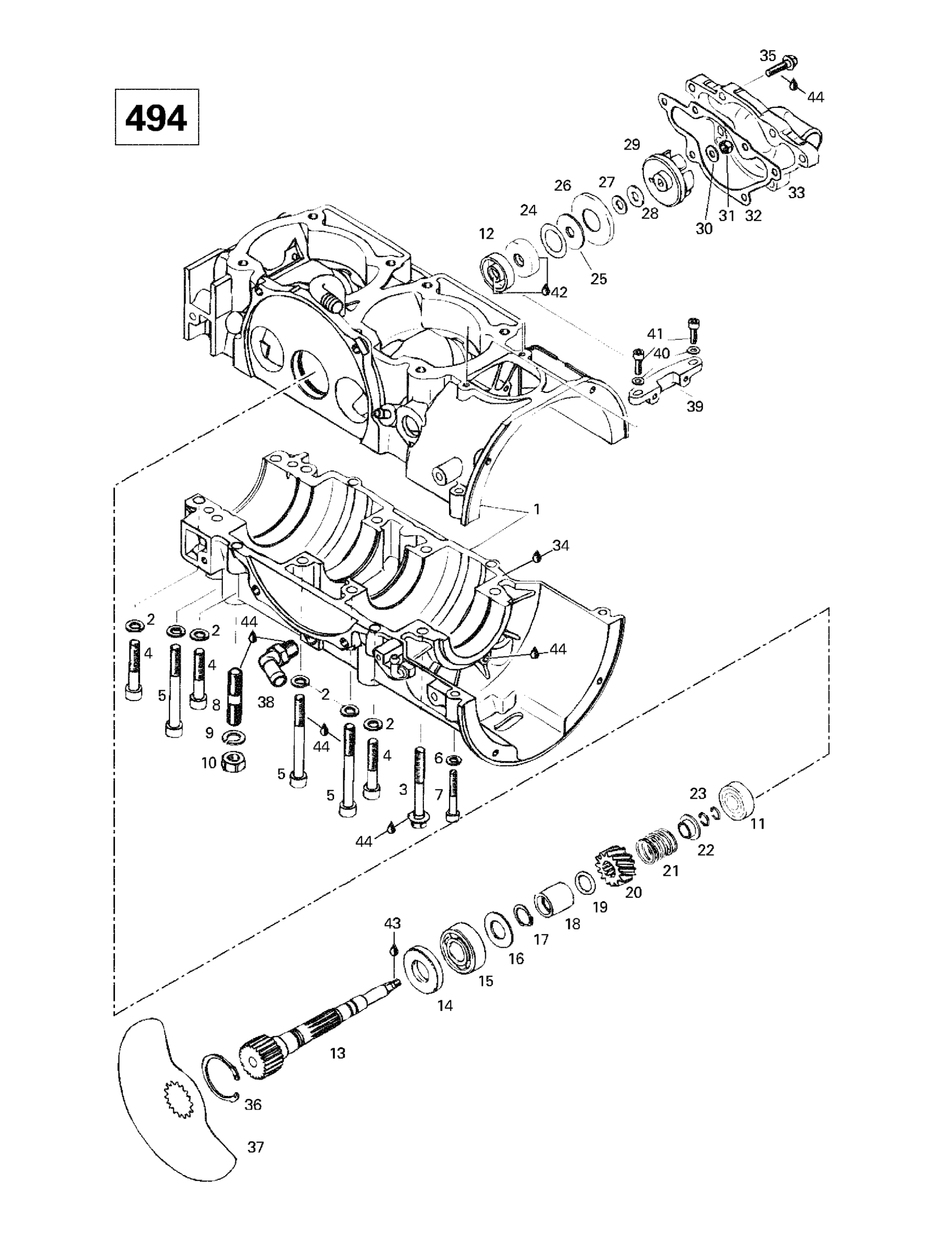 Схема узла: Crankcase, Rotary Valve, Water Pump (494)
