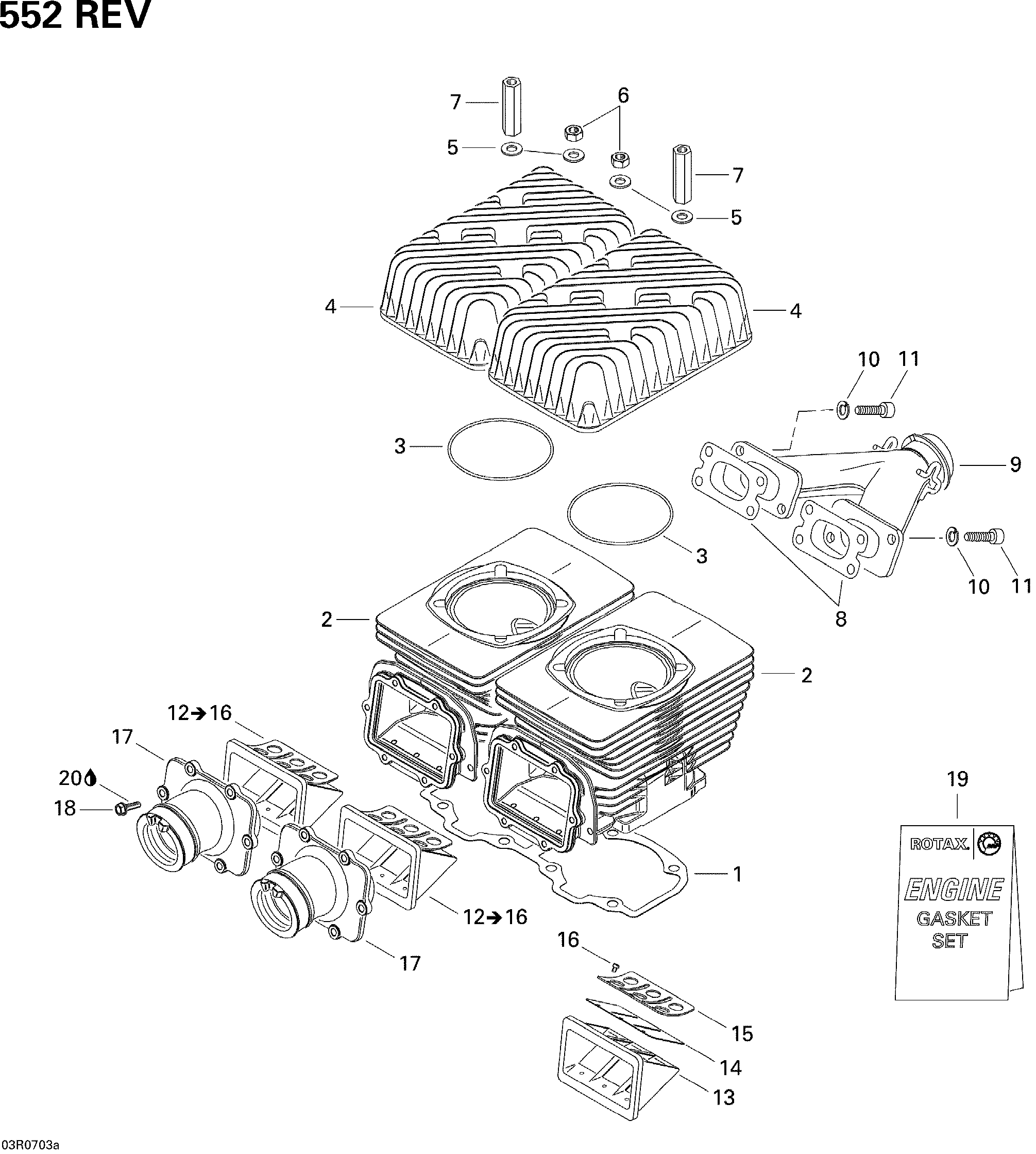 Схема узла: Cylinder, Exhaust Manifold And Reed Valve 1