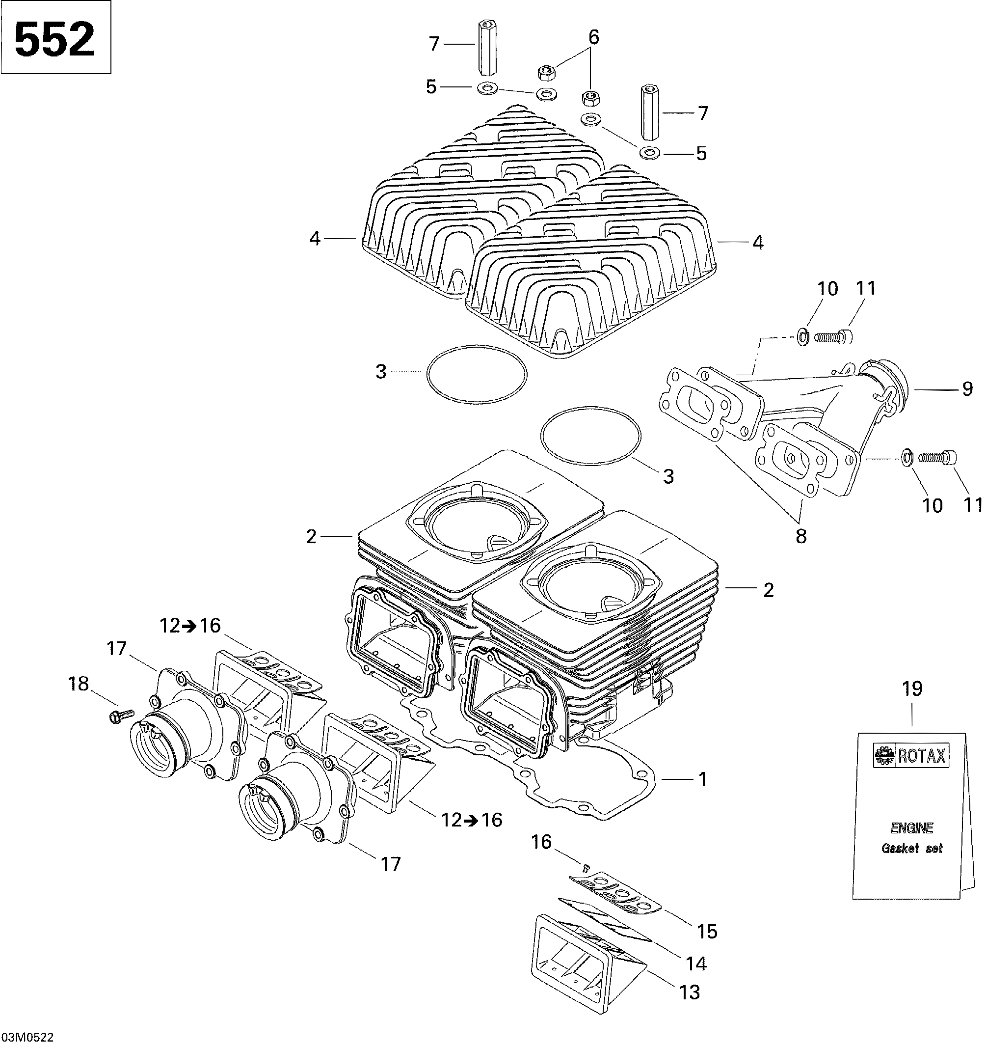 Схема узла: Cylinder, Exhaust Manifold And Reed Valve 552