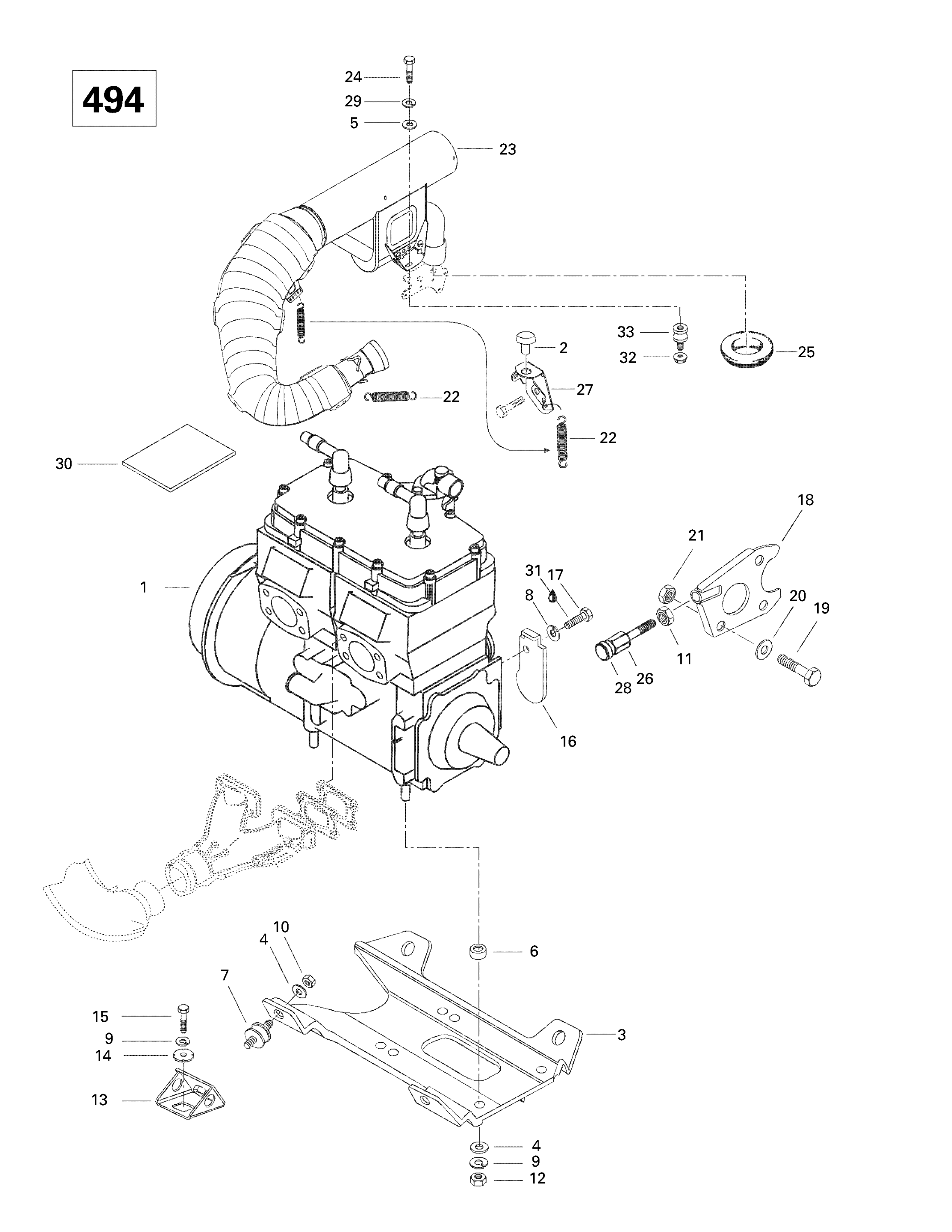 Схема узла: Engine Support And Muffler (494)
