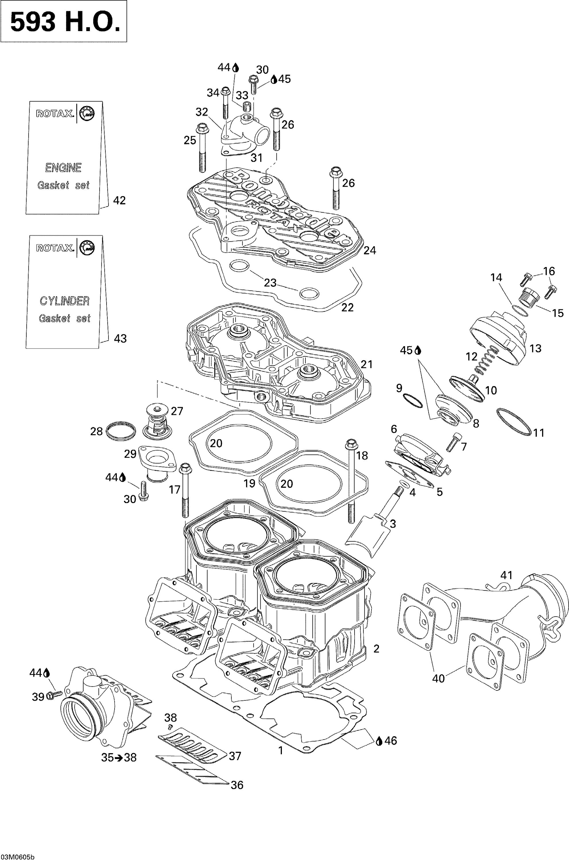 Схема узла: Cylinder, Exhaust Manifold And Reed Valve 593HO