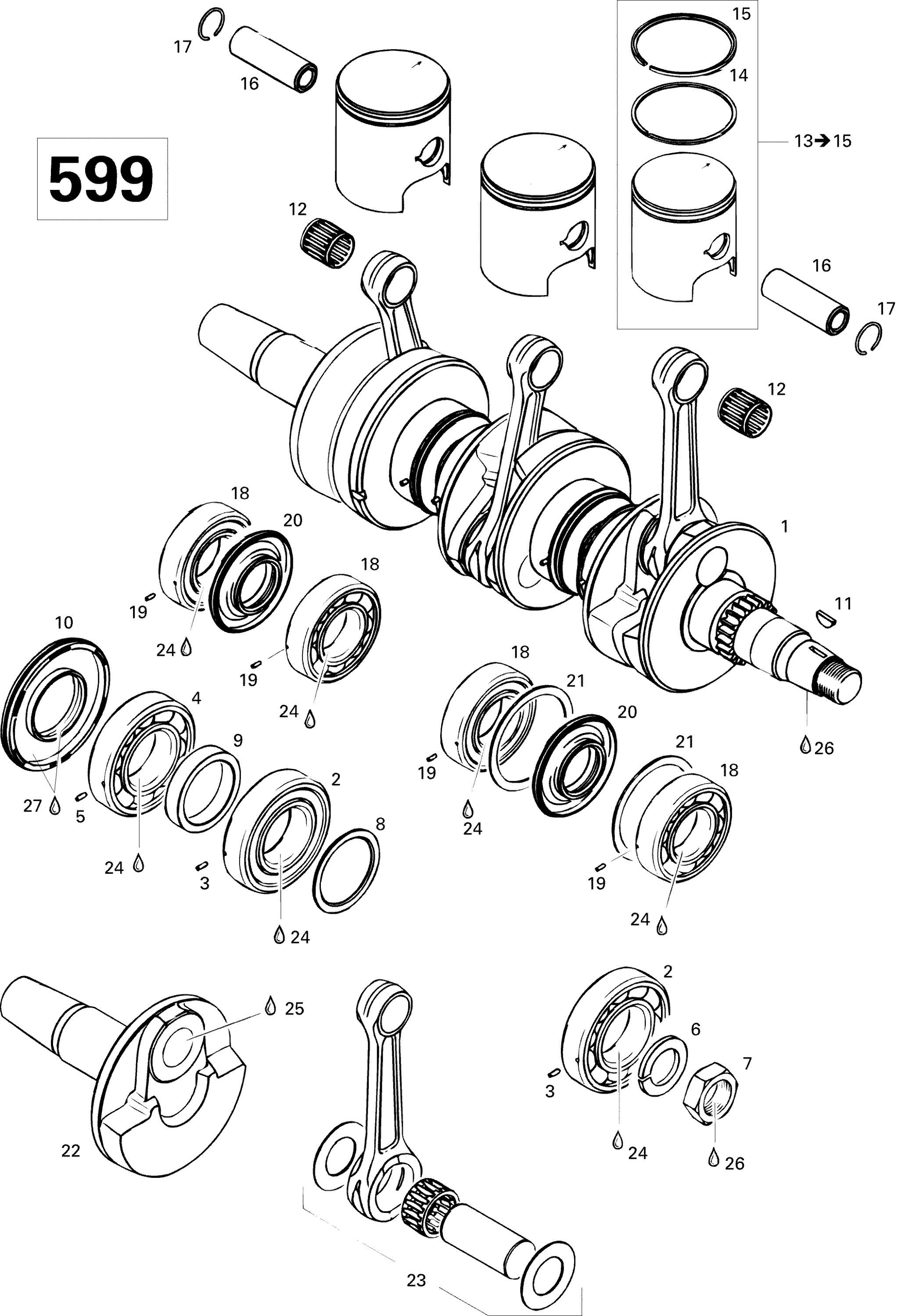 Схема узла: Crankshaft And Pistons 599