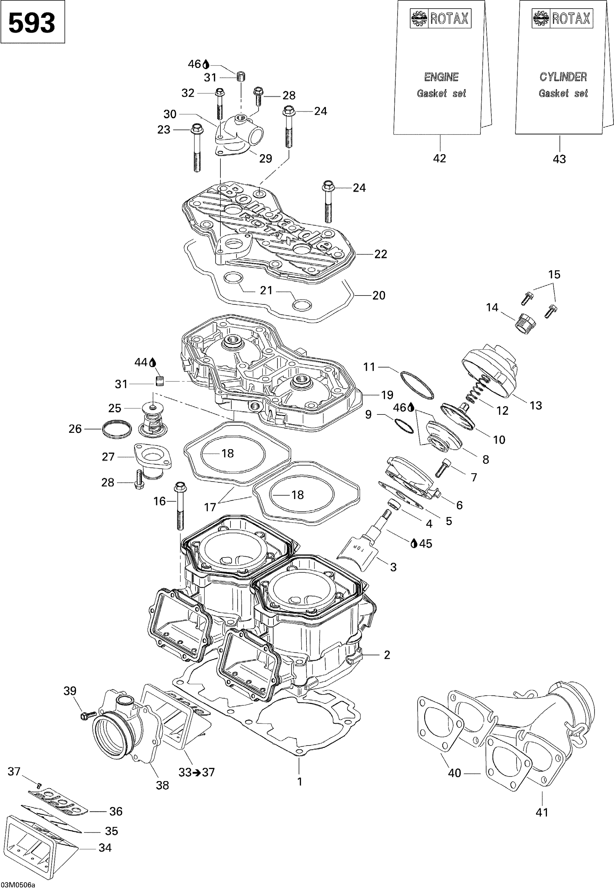Схема узла: Cylinder, Exhaust Manifold And Reed Valve 593