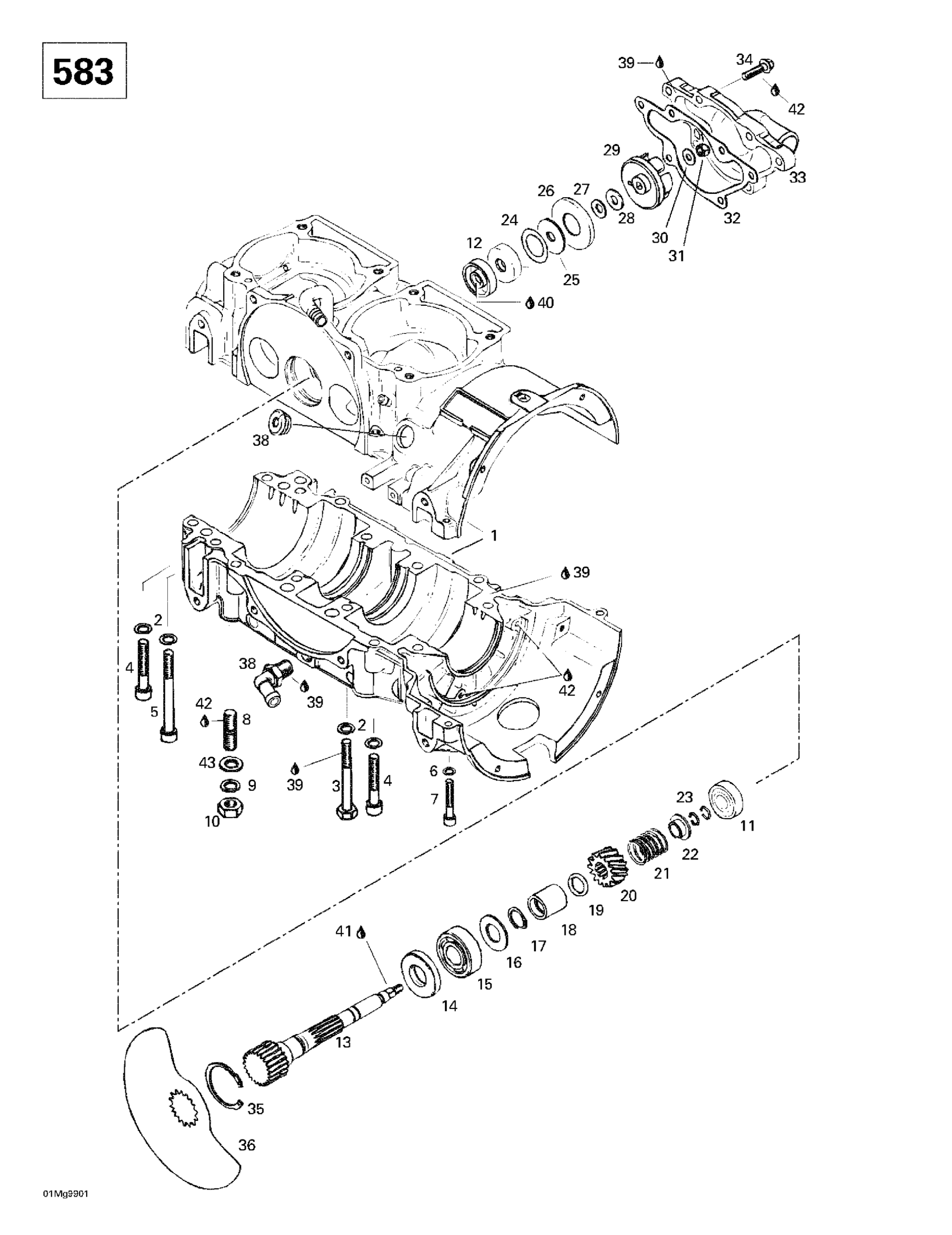 Схема узла: Crankcase, Rotary Valve, Water Pump (583)