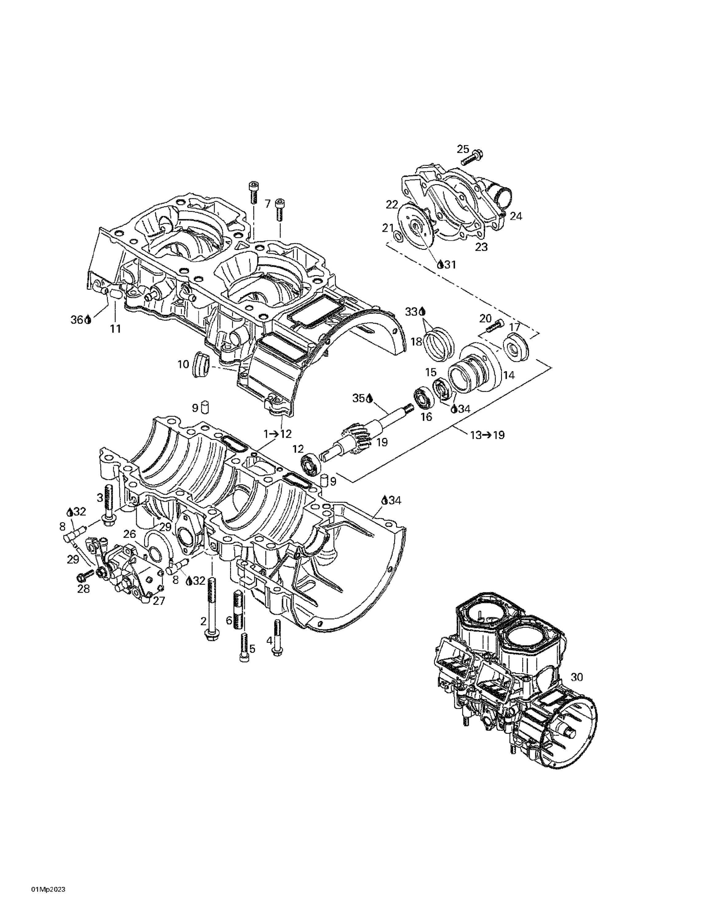 Схема узла: Crankcase, Water Pump And Oil Pump