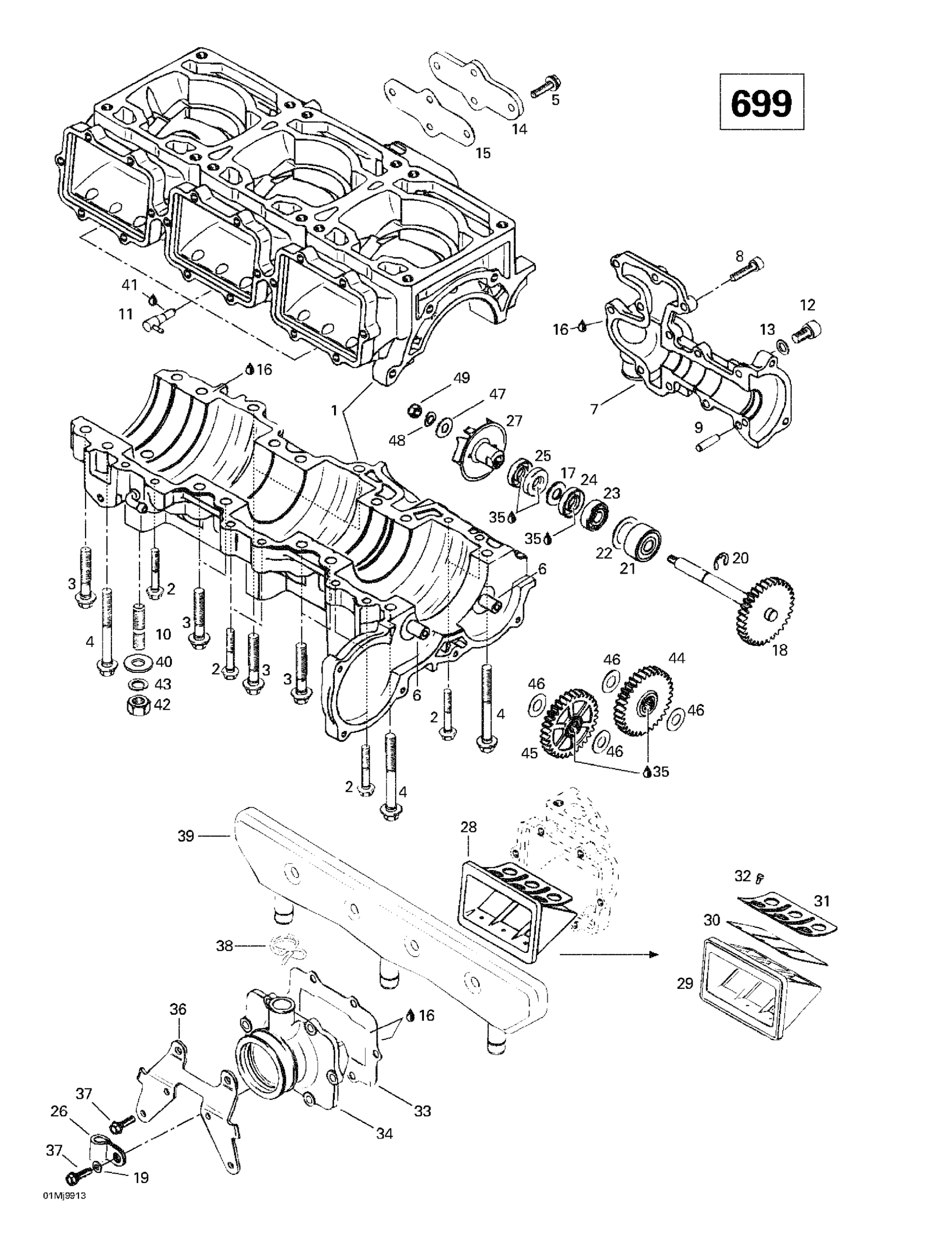 Crankcase, Reed Valve, Water Pump (699)