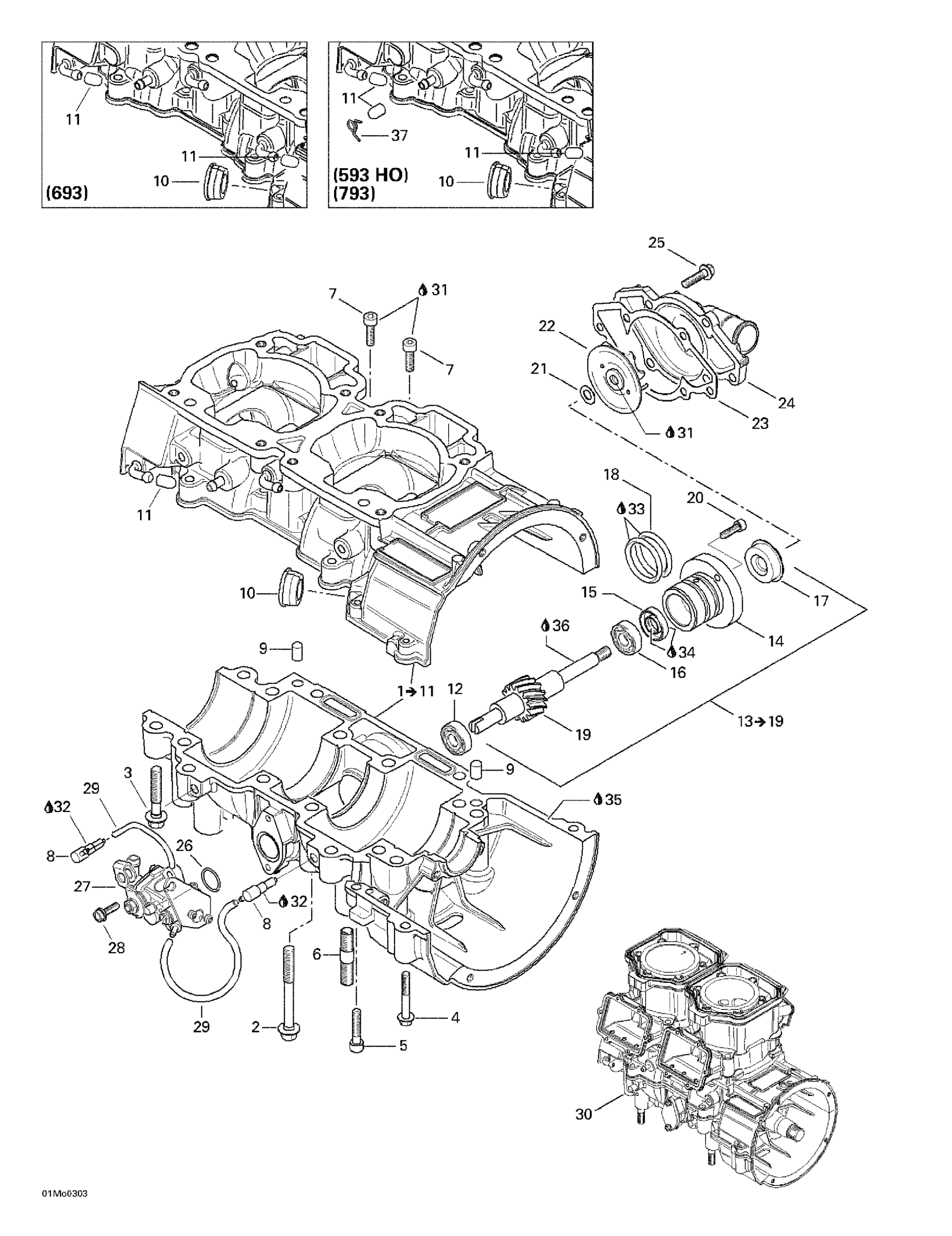 Схема узла: Crankcase, Water Pump And Oil Pump