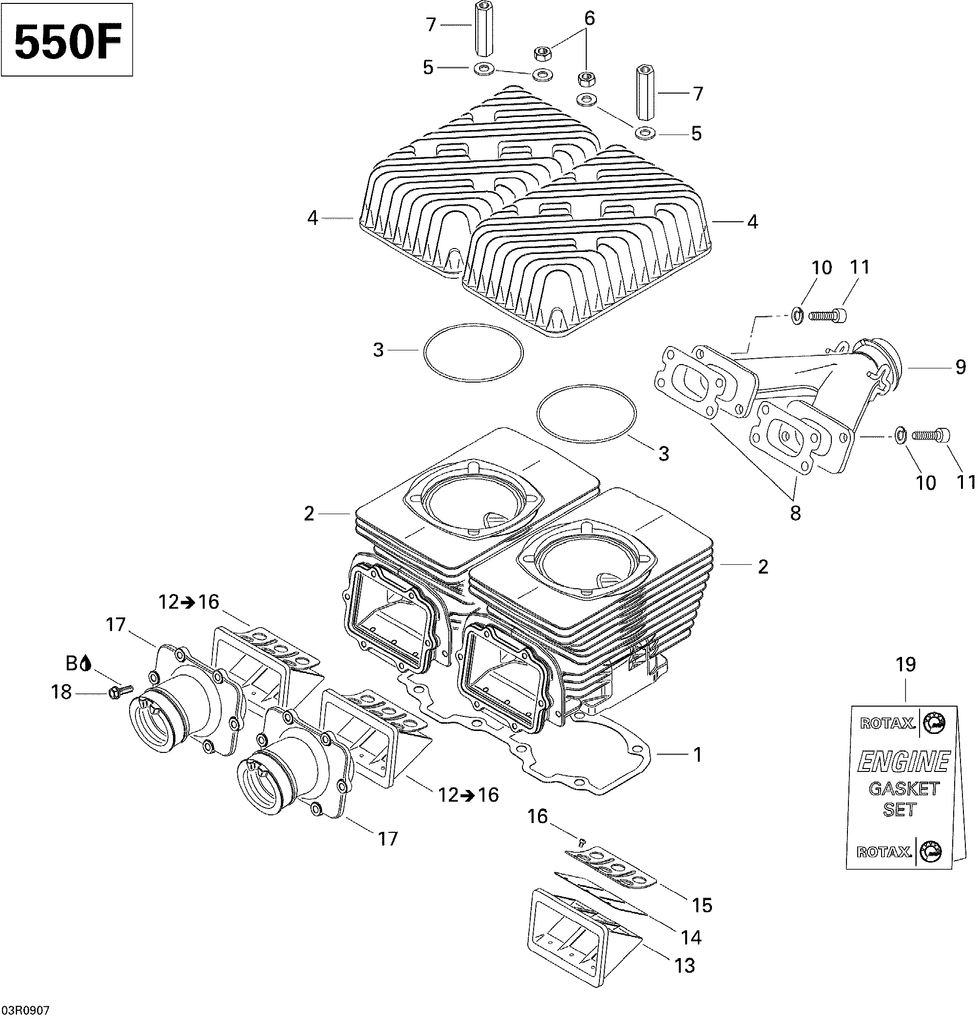 Схема узла: Cylinder, Exhaust Manifold And Reed Valve V1