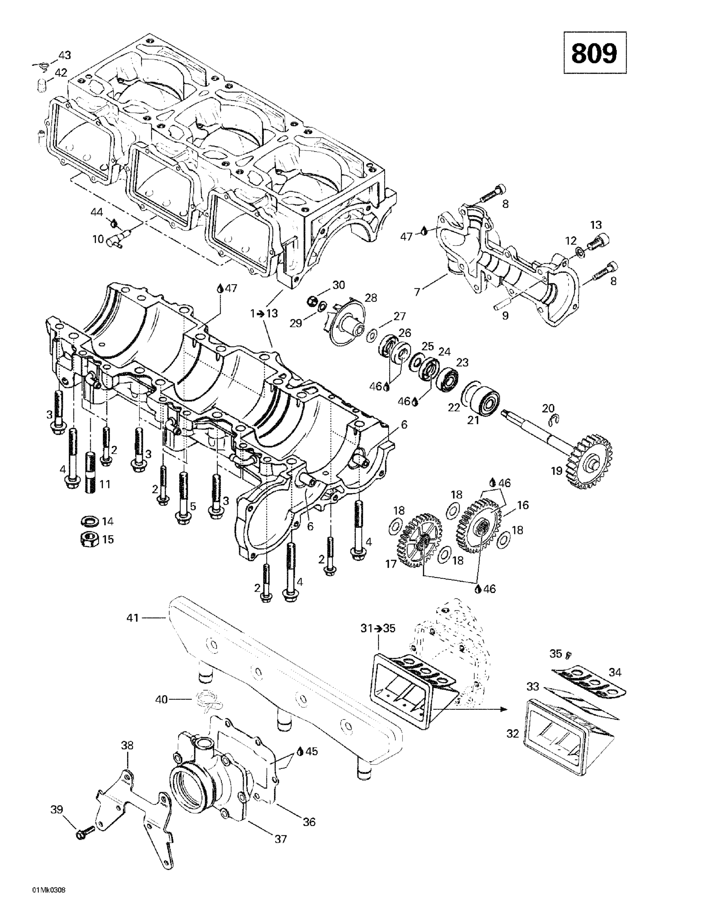 Схема узла: Crankcase, Reed Valve, Water Pump