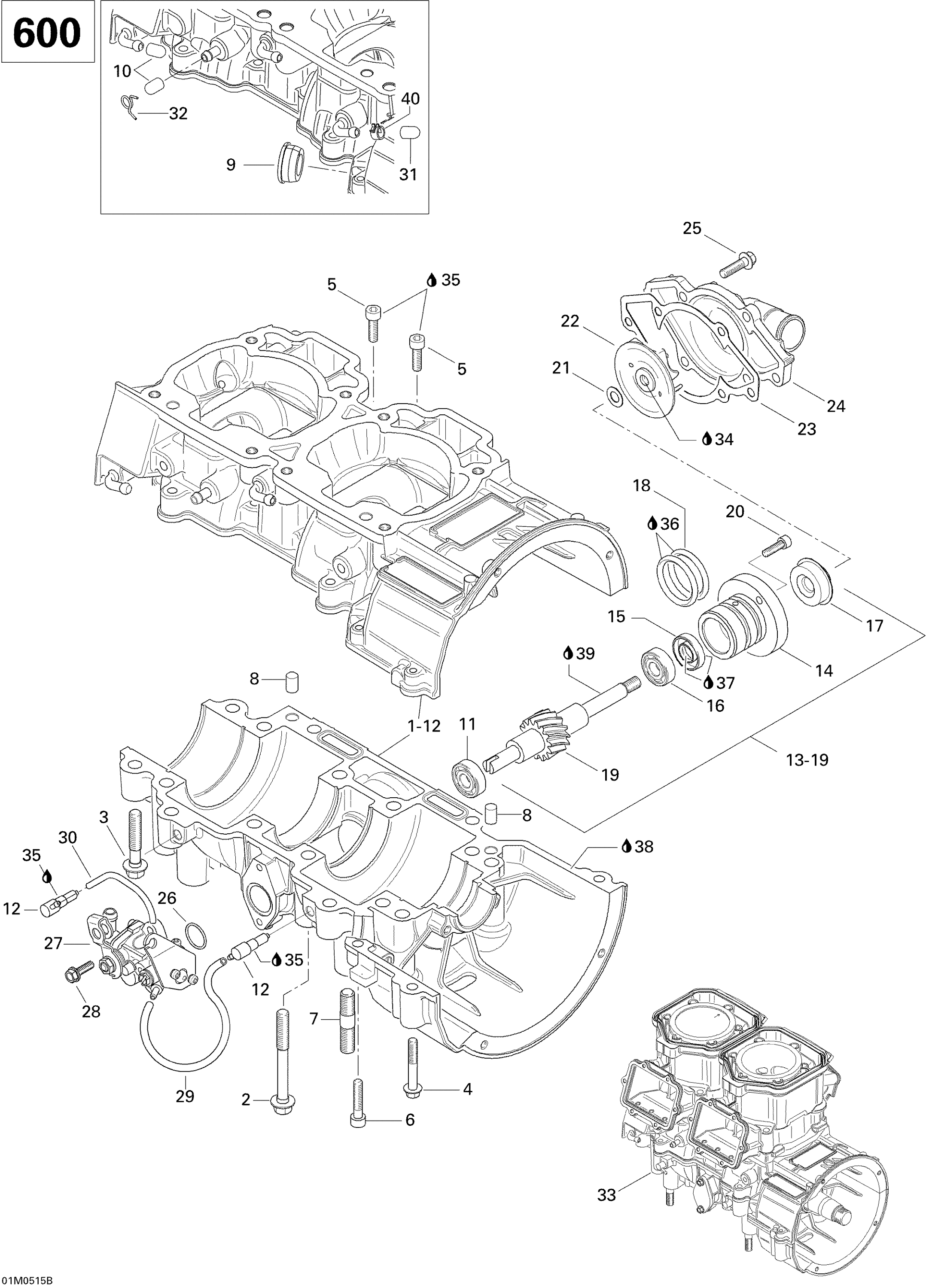 Crankcase, Water Pump And Oil Pump (600)