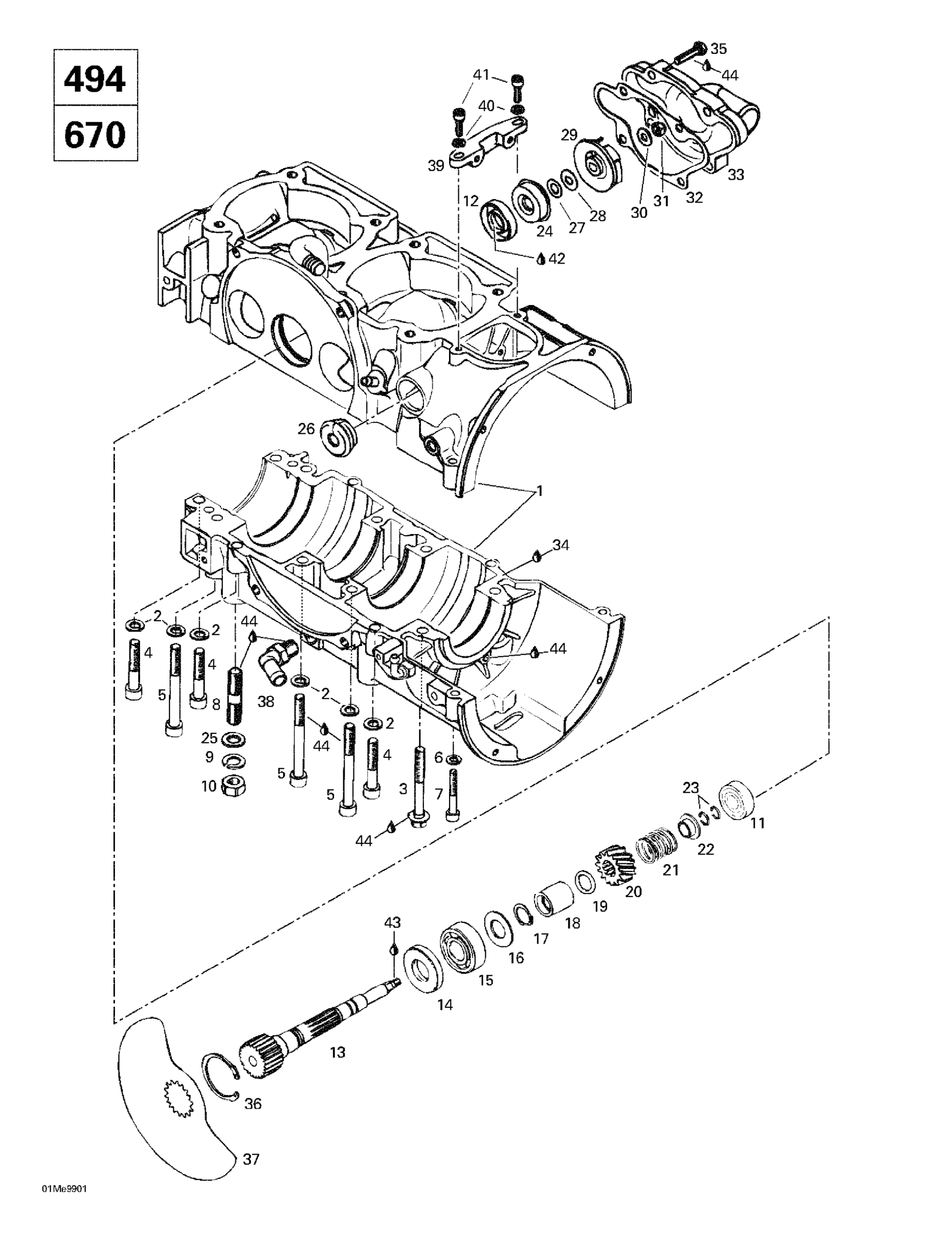 Схема узла: Crankcase, Rotary Valve, Water Pump (494,670)
