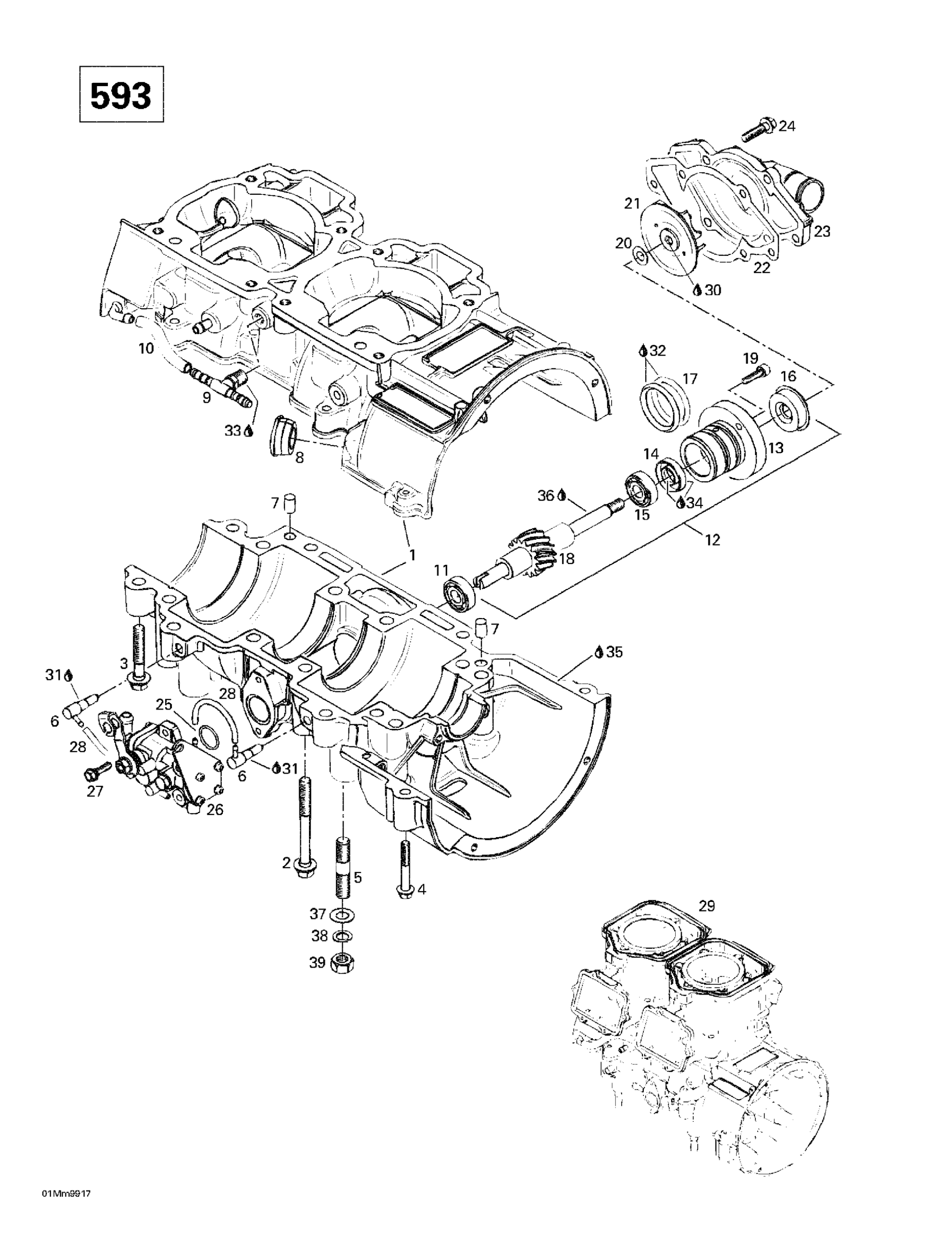 Схема узла: Crankcase, Water Pump And Oil Pump (593)