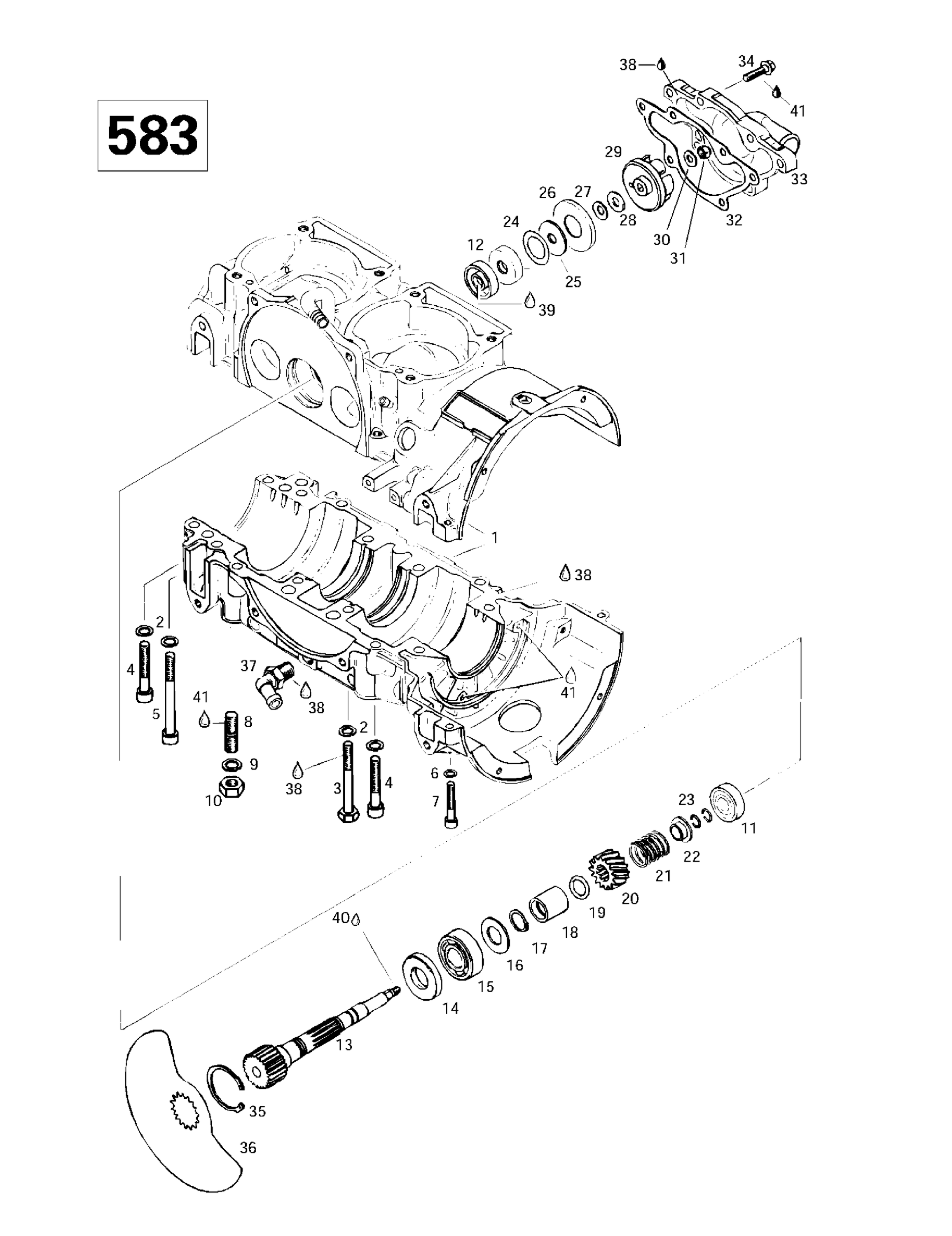 Схема узла: Crankcase, Rotary Valve, Water Pump (583)
