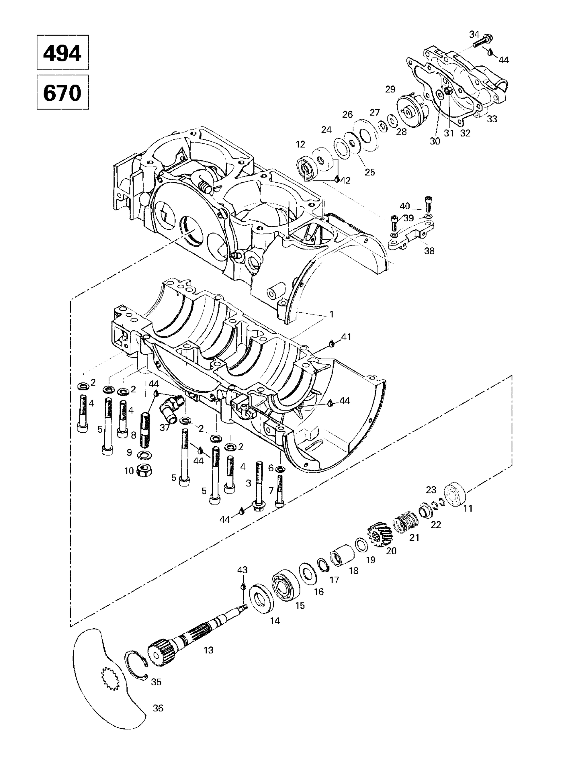 Crankcase, Rotary Valve, Water Pump (494, 670)