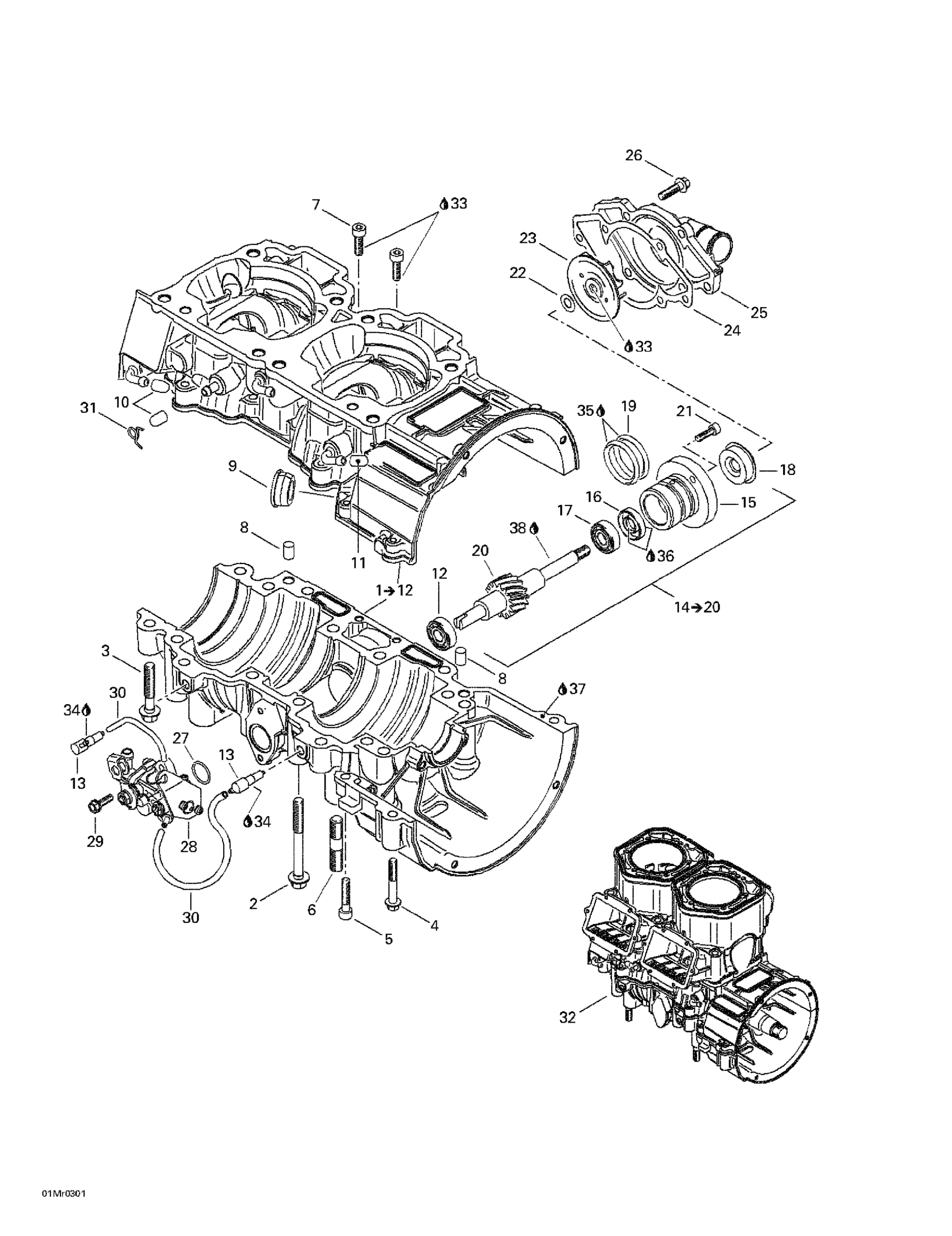 Схема узла: Crankcase, Water Pump And Oil Pump