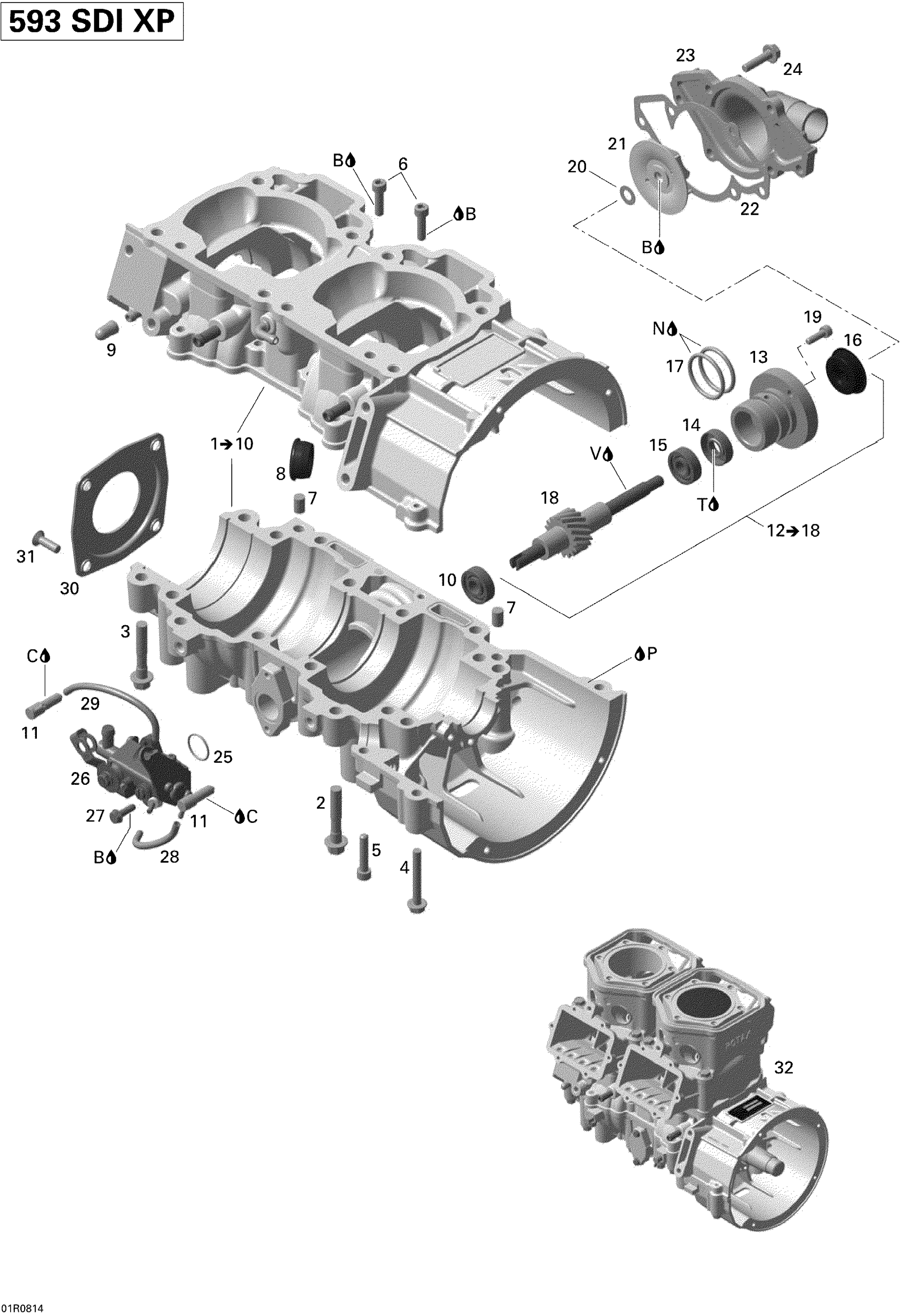 Схема узла: Crankcase, Water Pump And Oil Pump