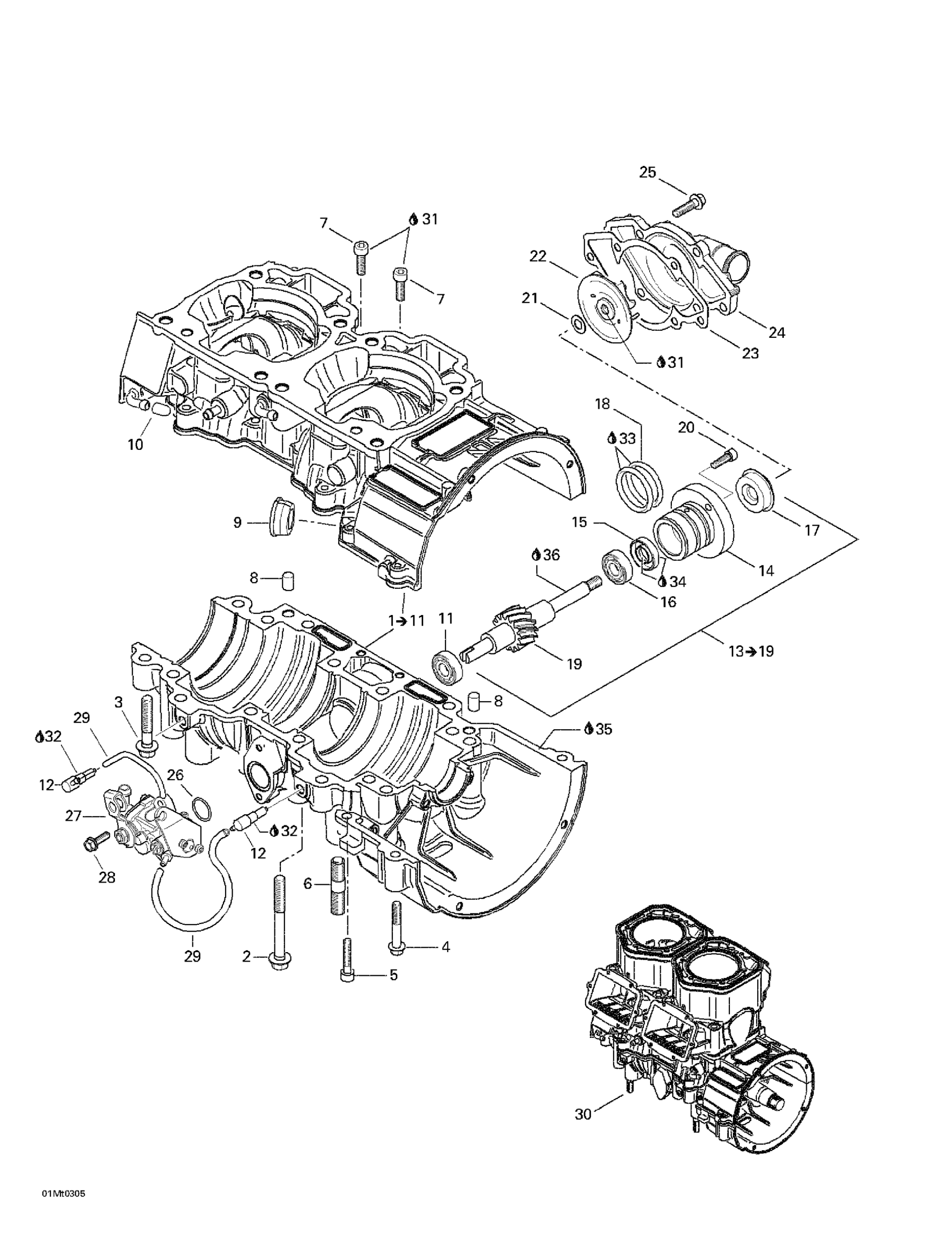 Схема узла: Crankcase, Water Pump And Oil Pump