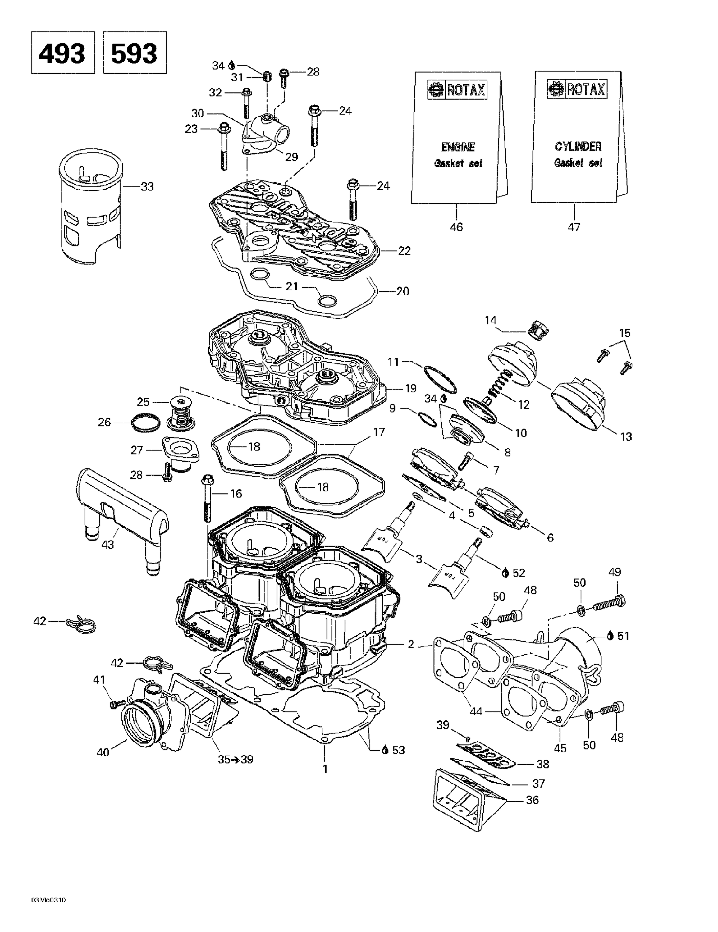 Схема узла: Cylinder, Exhaust Manifold, Reed Valve (493
