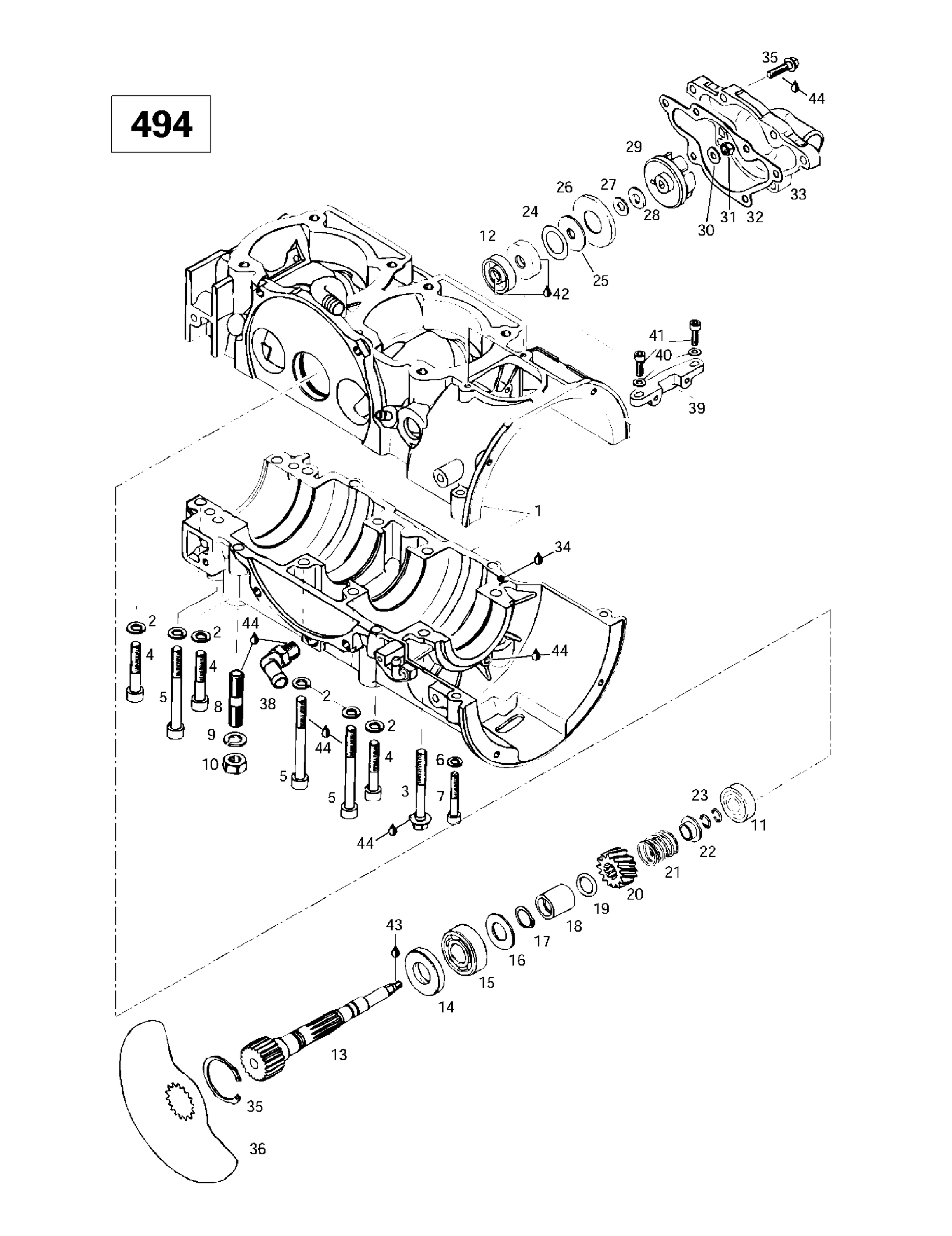 Схема узла: Crankcase, Rotary Valve, Water Pump (494)