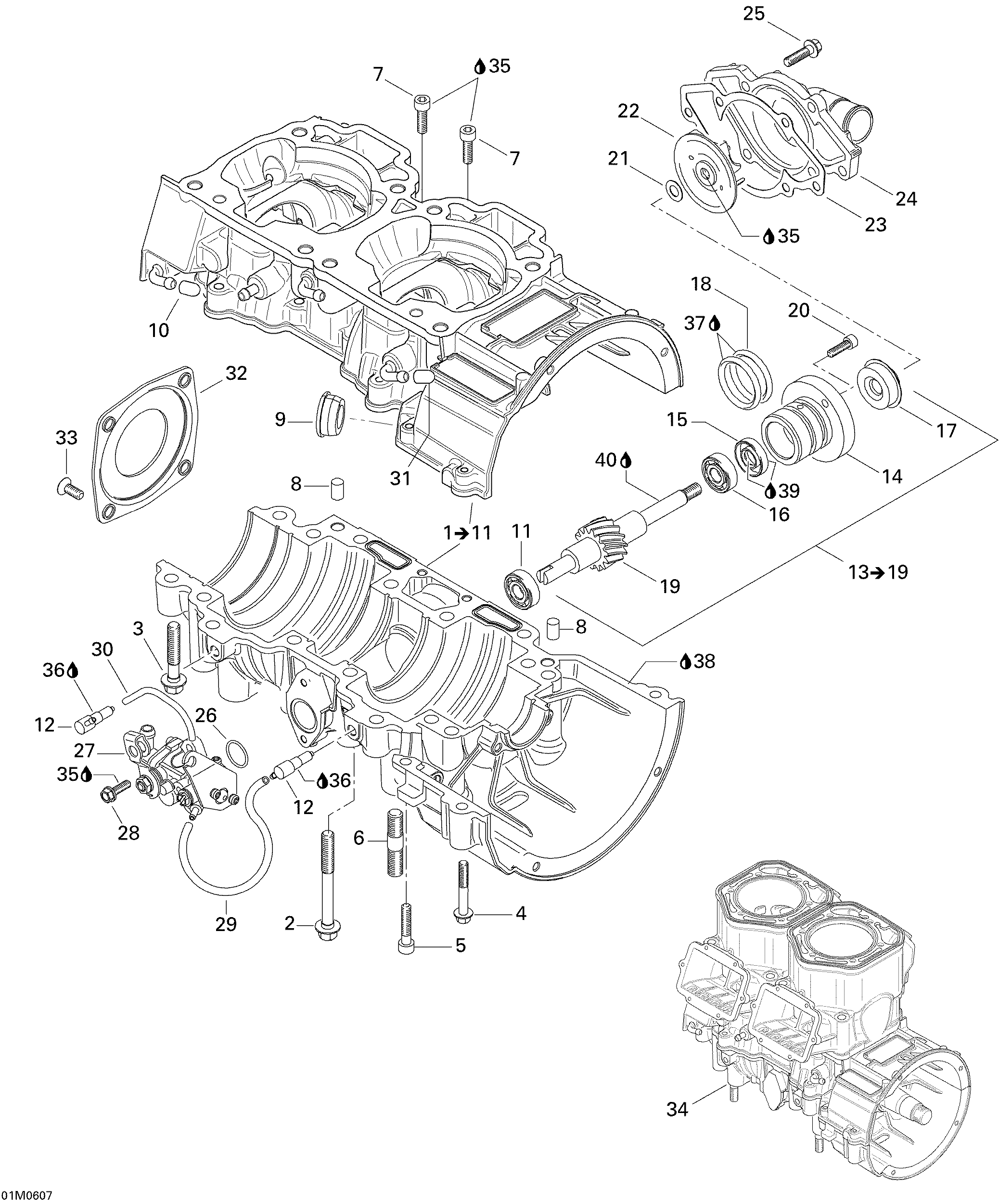 Схема узла: Crankcase, Water Pump And Oil Pump