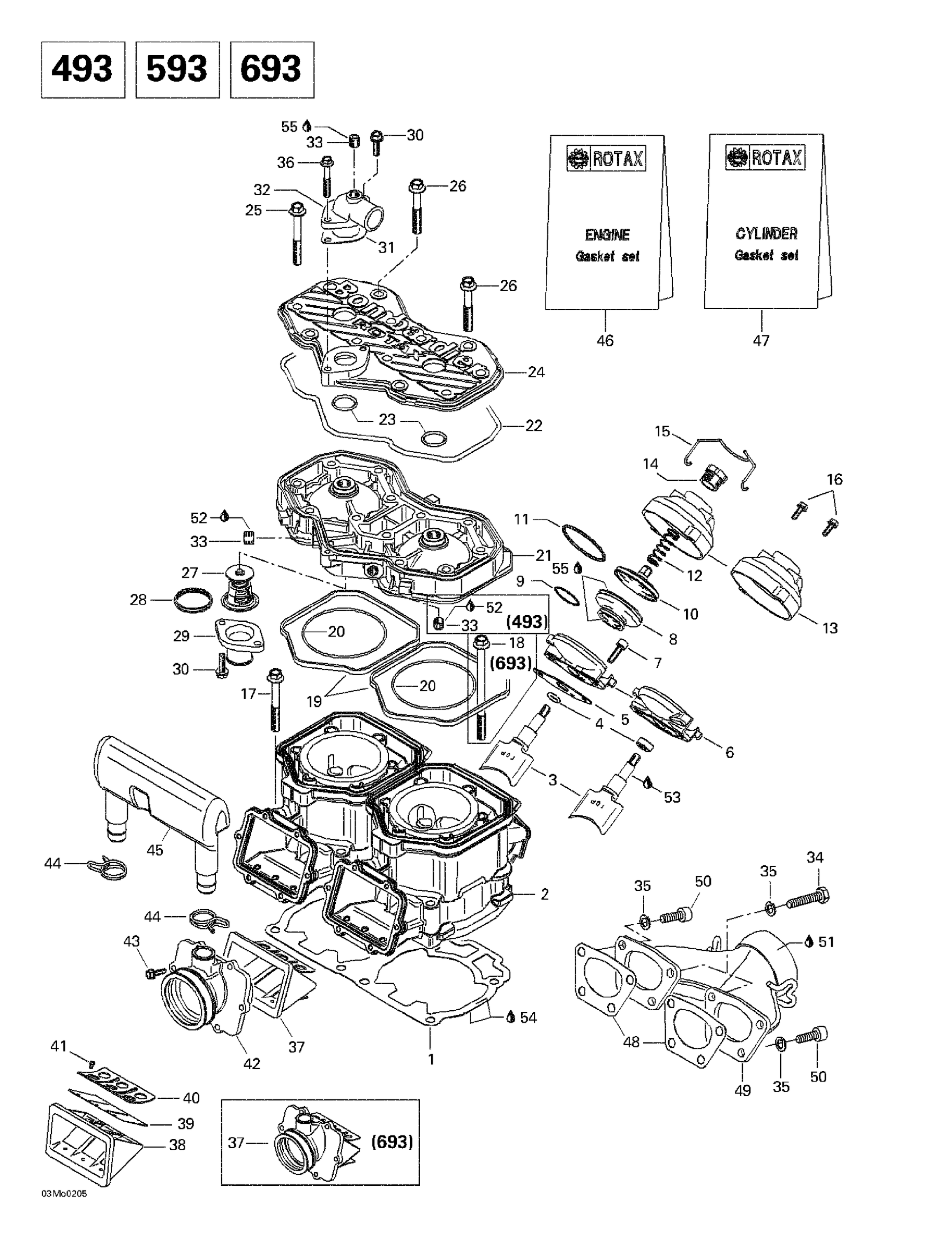 Схема узла: Cylinder, Exhaust Manifold, Reed Valve (493