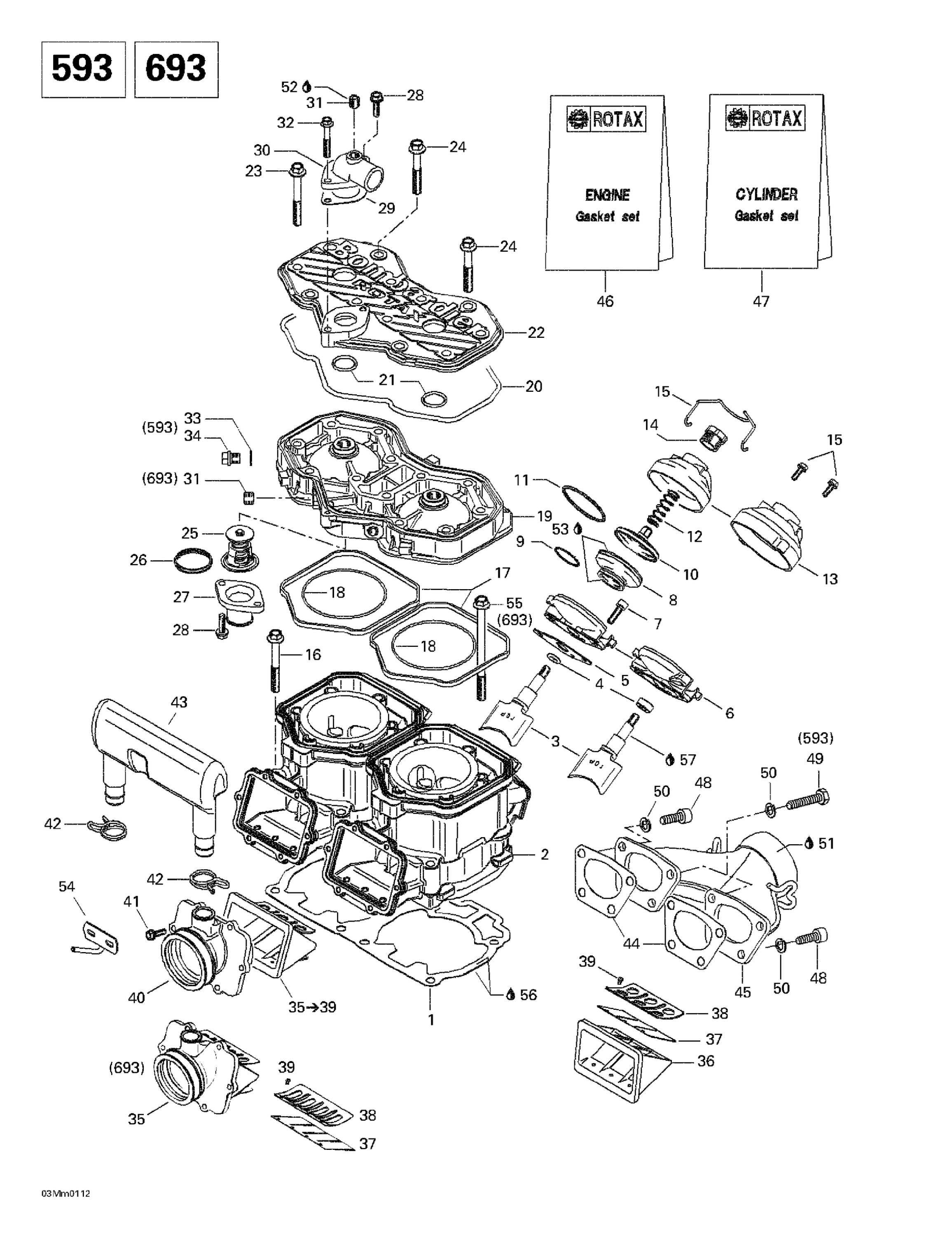 Схема узла: Cylinder, Exhaust Manifold, Reed Valve (593693)