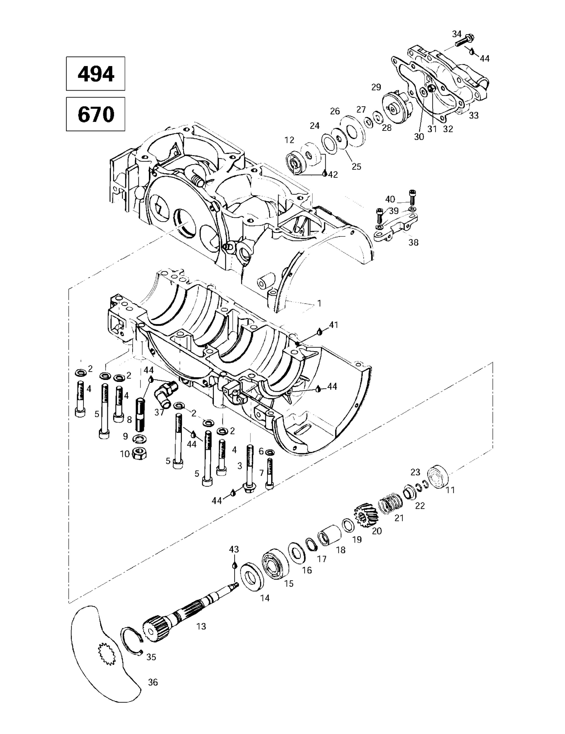 Схема узла: Crankcase, Rotary Valve, Water Pump (494, 670)