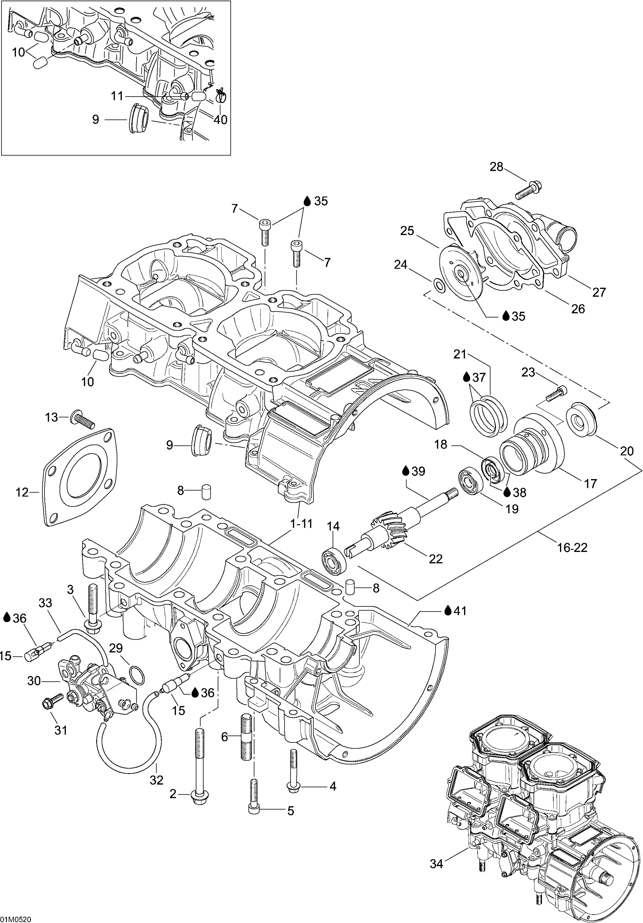 Схема узла: Crankcase, Water Pump And Oil Pump