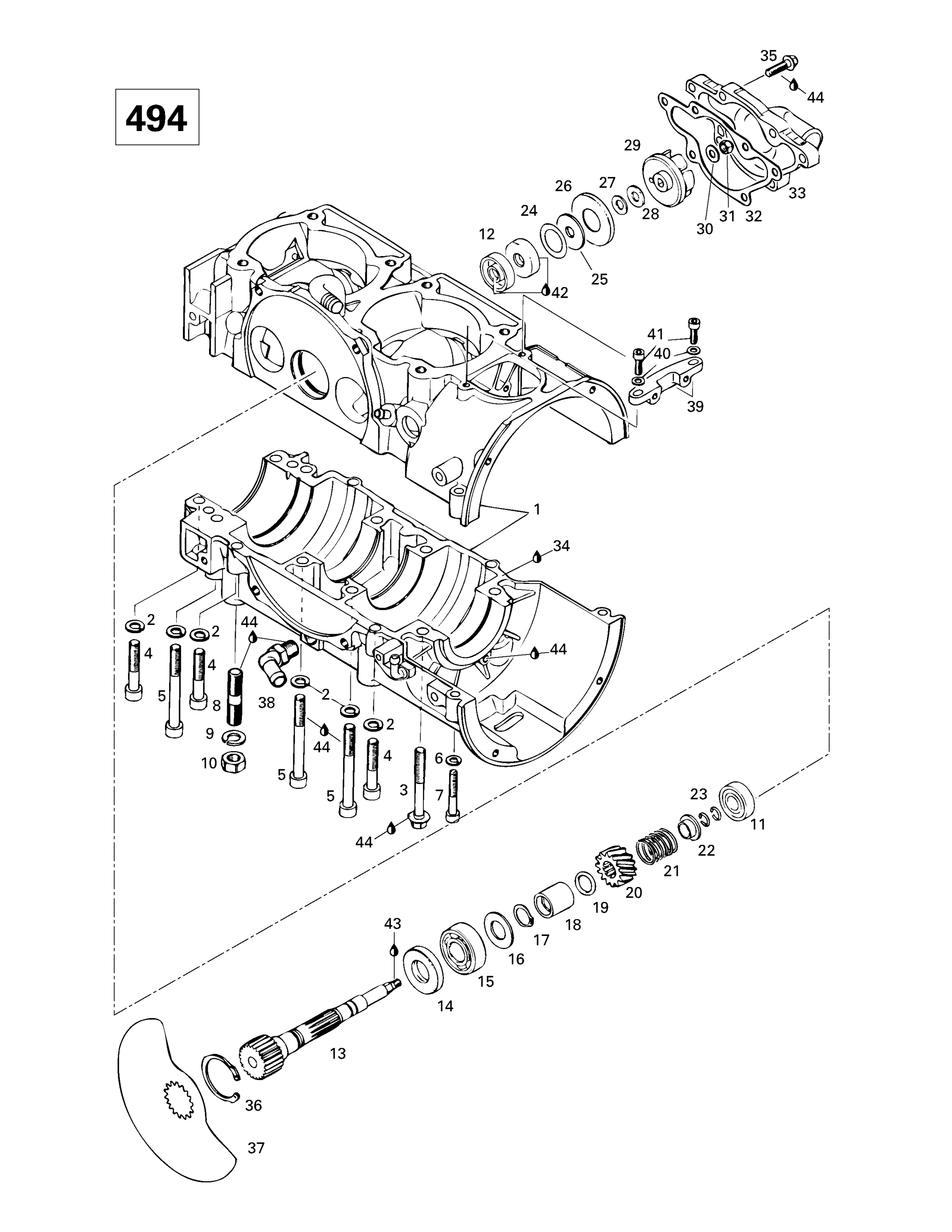 Схема узла: Crankcase, Rotary Valve, Water Pump (494)