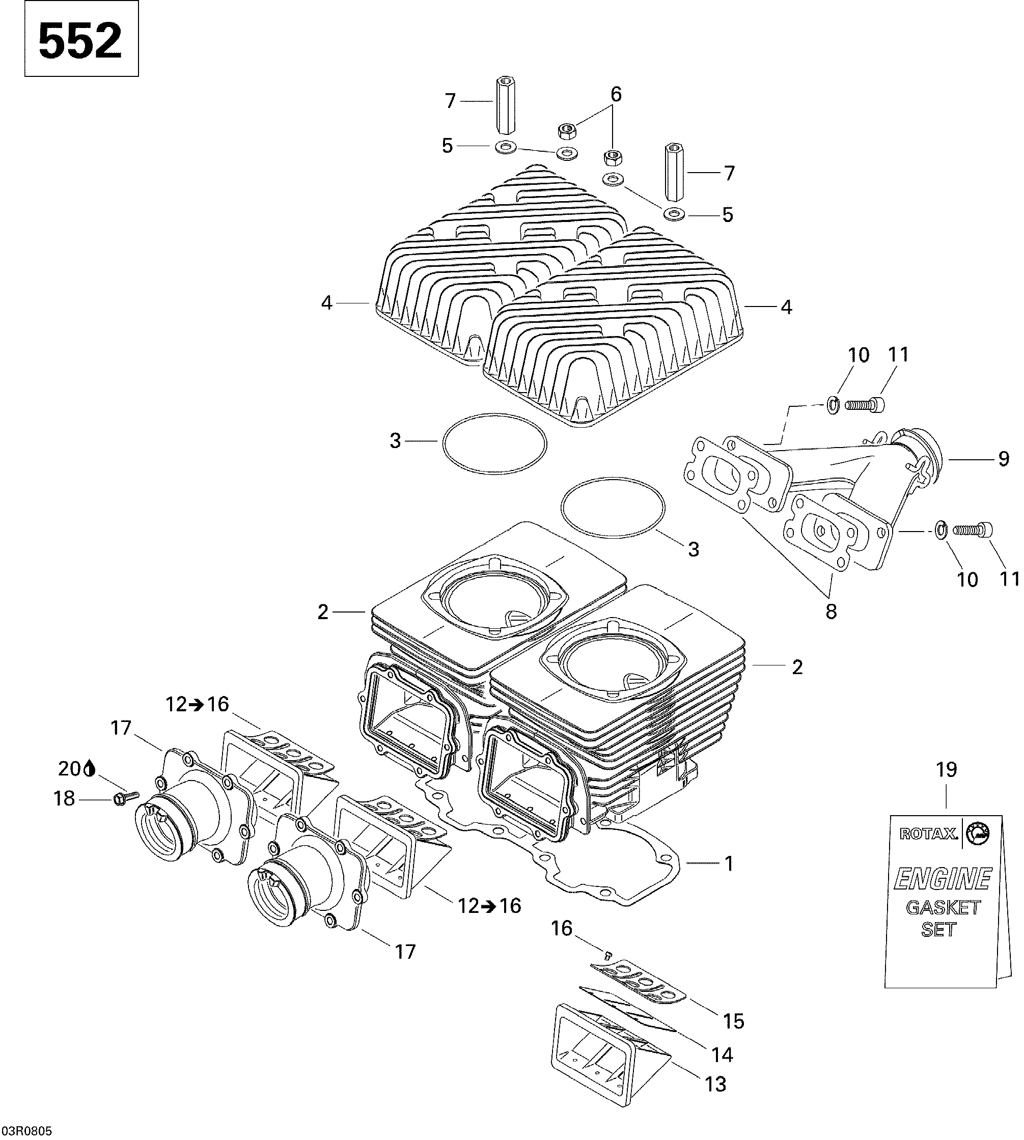 Схема узла: Cylinder, Exhaust Manifold And Reed Valve V2
