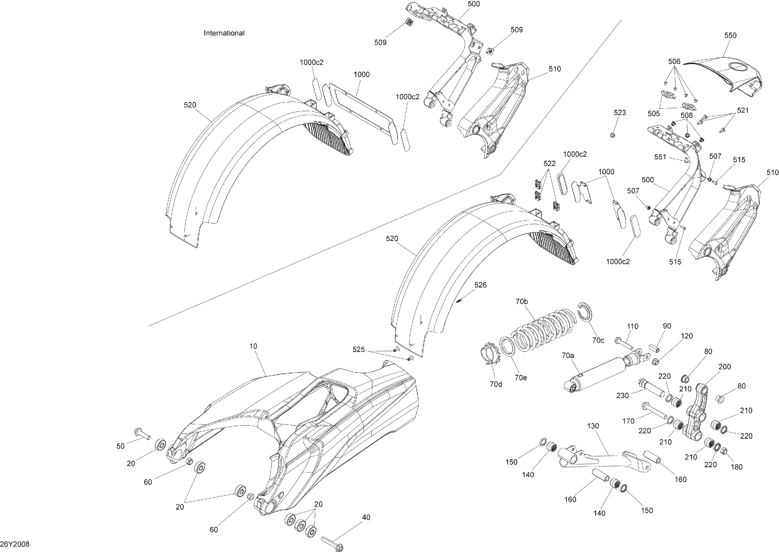 Схема узла: Suspension, Rear - STD - Swing Arm - Shock - Fender