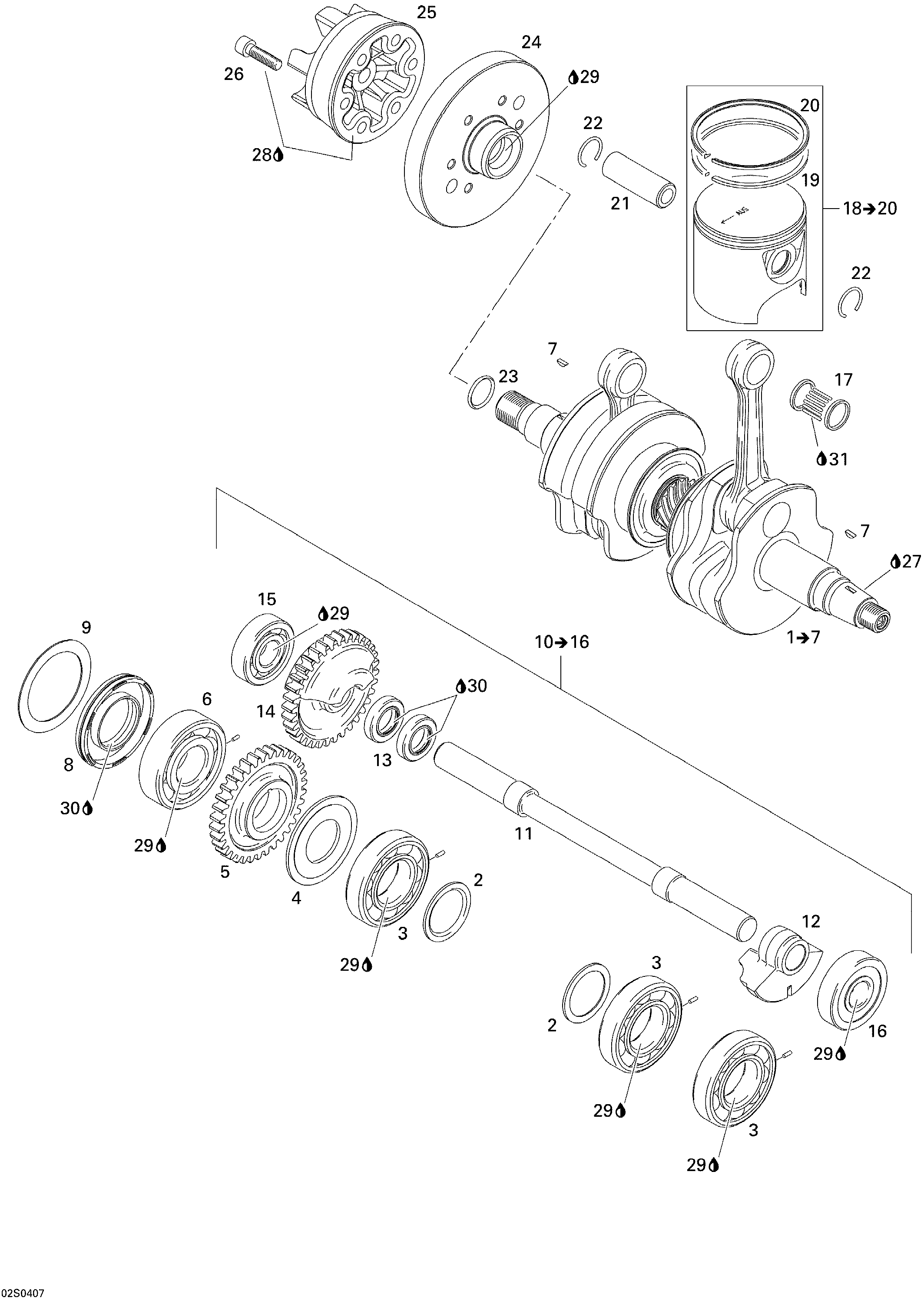 Схема узла: Crankshaft, Pistons And Balance Shaft